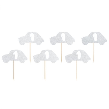 Cupcake Topper - 1st Birthday - Silver Cars